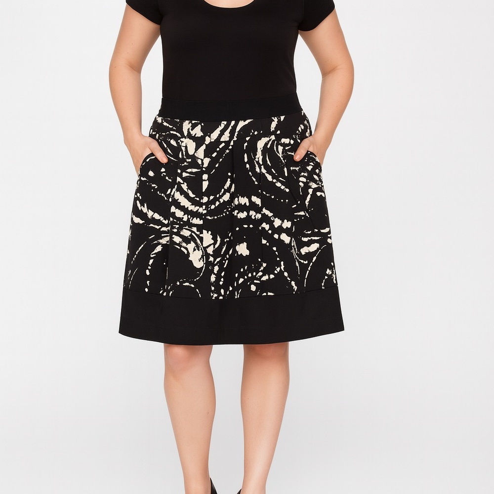 DKNYC Black & Ivory Abstract Print Pleated Stretch Cotton Skirt Pockets Size 12